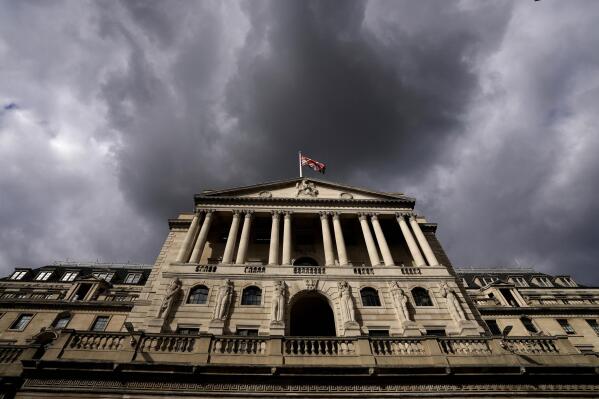 View of the Bank of England in London, Wednesday, Sept. 28, 2022. The Bank of England has launched a temporary bond-buying programme as it takes emergency action to prevent "material risk" to UK financial stability.(AP Photo/Frank Augstein)