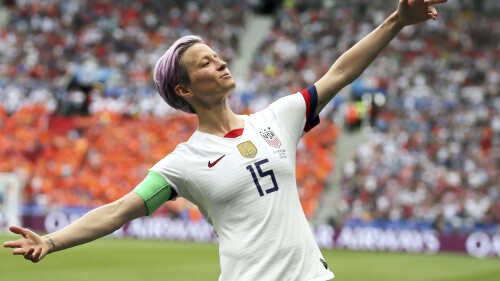 FILE - In this July 7, 2019 file photo, United States' Megan Rapinoe celebrates after scoring the opening goal from the penalty spot during the Women's World Cup final soccer match against The Netherlands at the Stade de Lyon in Decines, outside Lyon, France. Days before heading to her fourth World Cup, Rapinoe announced she’ll retire at the end of the National Women's Soccer League season. Rapinoe, 38, made the announcement on Twitter Saturday, July 8, 2023. (AP Photo/Francisco Seco, File)