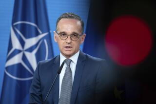Heiko Maas, Foreign Minister, speaks ahead of the North Atlantic Council meeting at the Federal Foreign Office in Berlin, Germany, Tuesday, June 1, 2021. The main topic of the Nato foreign ministers' meeting, which will be held as a video conference, will be the Nato 2030 strategy process. Russia and Afghanistan are also items on the agenda. (Bernd von Jutrczenka//DPA via AP, Pool)