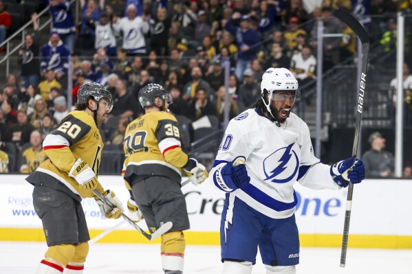 Tampa Bay Lightning left wing Anthony Duclair (10) celebrates after scoring a goal against the Vegas Golden Knights during the first period of an NHL hockey game Tuesday, March 19, 2024, in Las Vegas. (AP Photo/Ian Maule)