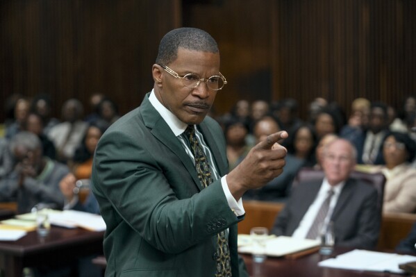 This image released by Amazon Prime Video shows Jamie Foxx in a scene from "The Burial." (Skip Bolen/Amazon Prime Video via AP)