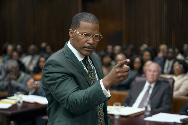 This image released by Amazon Prime Video shows Jamie Foxx in a scene from the film "Burial." (Skip Bolen/Amazon Prime Video via AP)