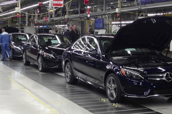 FILE - The redesigned Mercedes-Benz C-Class sedan reaches its final assembly stage the auto maker's plant, Sept. 5, 2014, in Vance, Ala. Workers at Mercedes-Benz factories near Tuscaloosa, Ala., will vote in May 2024 on whether they want to be represented by the United Auto Workers union. The National Labor Relations Board said Thursday, April 18, 2024, that the vote will take place from May 13 to May 17 at the facilities in Vance and Woodstock, Ala. (Brent Snavel/Detroit Free Press via AP, File)