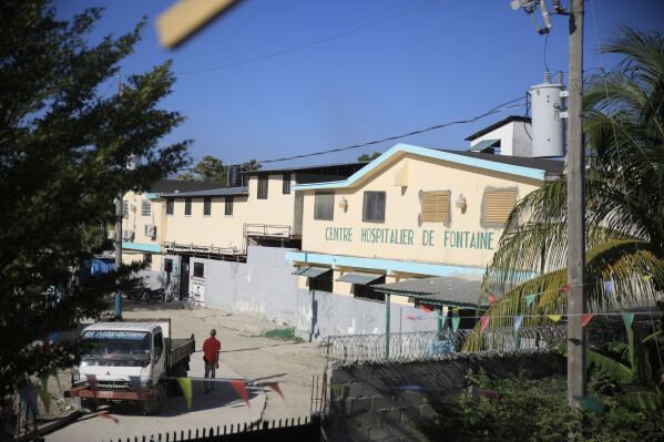 FILE - The entrance at the Fontaine Hospital Center in Cité Soleil area of the Port-au-Prince, Haiti, Monday, Jan. 23, 2023. A heavily armed gang burst into a hospital in Haiti on Wednesday, Nov. 15, and took hostage hundreds of women, children and newborns, according to the director of the medical center who pleaded for help via social media. Jose Ulysse, founder and director of the Fontaine Hospital Center confirmed the incident in a brief message exchange with The Associated Press. (AP Photo/Odelyn Joseph, File