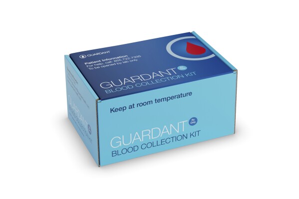 This image provided by Guardant Health in March 2024, shows packaging for their colon cancer blood test, Shield. According to a study published Wednesday, March 13, 2024, in the New England Journal of Medicine and sponsored by Guardant Health, the test performed well, further expanding screening options for a leading cause of cancer deaths. The test missed some cancers and won’t replace colonoscopy, the gold standard test. (Guardant Health via AP)