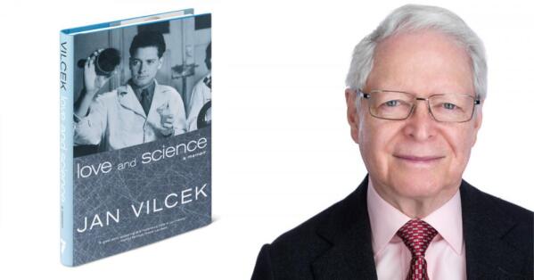 A photograph of Dr. Jan Vilcek with his book, 'Love and Science: A Memoir'