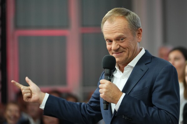 FILE - Donald Tusk, a former Polish prime minister addresses supporters at his party headquarters in Warsaw, Poland, Sunday, Oct. 15, 2023. Poland's voters delivered a clear verdict. After eight years of rule by an illiberal government, they have had enough. While the conservative ruling Law and Justice party won more votes than any other single party, it lost its majority in parliament and will not hold enough seats to govern the country. (AP Photo/Petr David Josek, File)