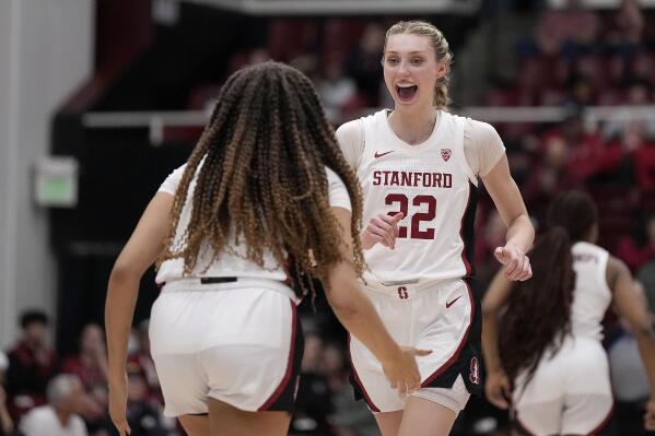 Stanford forward Cameron Brink (22) reacts after Haley Jones, left, made a 3-point shot against Oregon State during the second half of an NCAA college basketball game Friday, Jan. 27, 2023, in Stanford, Calif. Stanford won 63-60. (AP Photo/Tony Avelar)