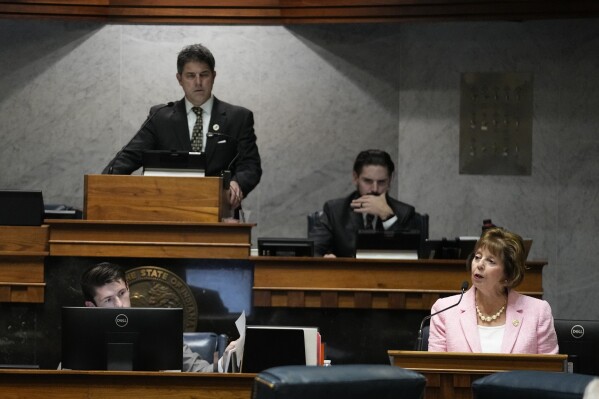 FILE - Sen. Linda Rogers speaks on SB1 in the senate chamber at the Statehouse in Indianapolis, Thursday, Feb. 1, 2024. Top Republican leaders in Indiana's General Assembly hope to wrap up this year's lawmaking session a week early. With plans to finish on Friday, March 8, lawmakers only have a few days left to push through legislative items.(AP Photo/Darron Cummings, File)