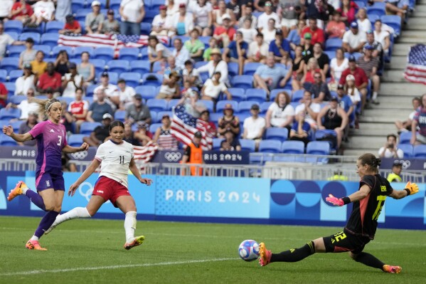 United States' Sophia Smith tries to beat Germany's goalkeeper Ann-Katrin Berger during a women's semifinal soccer match between the United States and Germany at the 2024 Summer Olympics, Tuesday, Aug. 6, 2024, at Lyon Stadium in Decines, France. (AP Photo/Silvia Izquierdo)