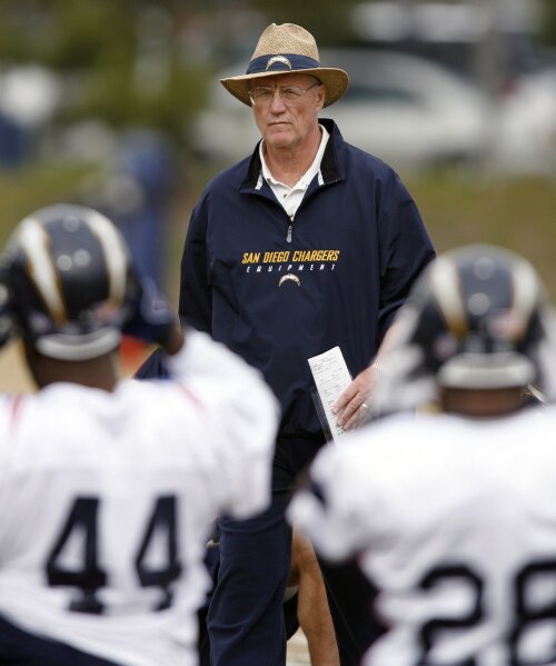 FILE - In this Jan. 10 2007, file photo, San Diego Chargers coach Marty Schottenheimer walks among his players during practice in San Diego. Marty Schottenheimer, who won 200 regular-season games with four NFL teams thanks to his “Martyball” brand of smash-mouth football but regularly fell short in the playoffs, has died. He was 77.
Schottenheimer died Monday night, Feb. 8, 2021,  at a hospice in Charlotte, North Carolina, his family said through Bob Moore, former Kansas City Chiefs publicist. (AP Photo/Denis Poroy, File)