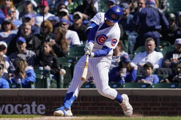 Chicago Cubs' Joc Pederson hits a two-run single during the sixth inning of a baseball game against the Cincinnati Reds in Chicago, Saturday, May 29, 2021. (AP Photo/Nam Y. Huh)