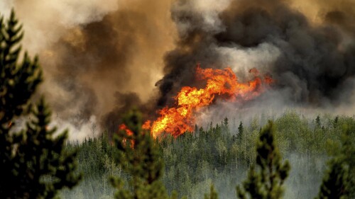 Flames from the Donnie Creek wildfire burn along a ridge top north of Fort St. John, British Columbia, Canada, Sunday, July 2, 2023. (AP Photo/Noah Berger)