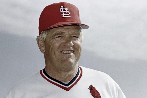 FILE - Whitey Herzog, St. Louis Cardinals manager, in March 1987. Herzog, the gruff and ingenious Hall of Fame manager who guided the St. Louis Cardinals to three pennants and a World Series title in the 1980s and perfected an intricate, nail-biting strategy known as "Whiteyball," has died. He was 92. Cardinals spokesman Brian Bartow said Tuesday, April 16, 2024, the team had been informed of his death by Herzog's family. (AP Photo/Rusty Kennedy, File)