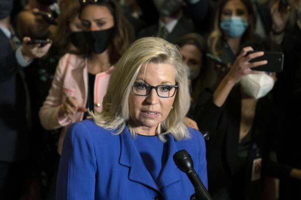 Rep. Liz Cheney, R-Wyo., speaks to reporters after House Republicans voted to oust her from her leadership post as chair of the House Republican Conference because of her repeated criticism of former President Donald Trump for his false claims of election fraud and his role in instigating the Jan. 6 U.S. Capitol attack, at the Capitol in Washington, Wednesday, May 12, 2021.  (AP Photo/Manuel Balce Ceneta)