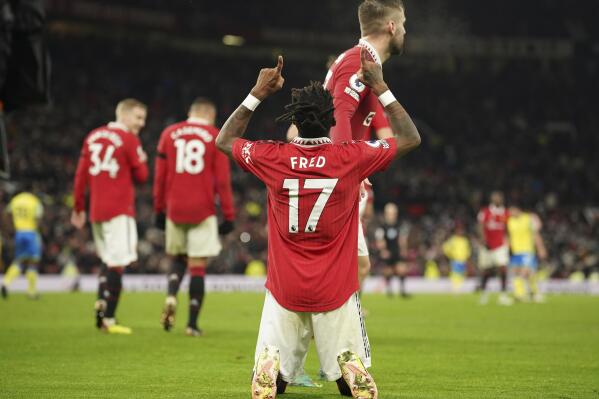 Manchester United's Fred celebrates after scoring his side's third goal during the English Premier League soccer match between Manchester United and Nottingham Forest at Old Trafford in Manchester, England, Tuesday, Dec. 27, 2022. (AP Photo/Dave Thompson)