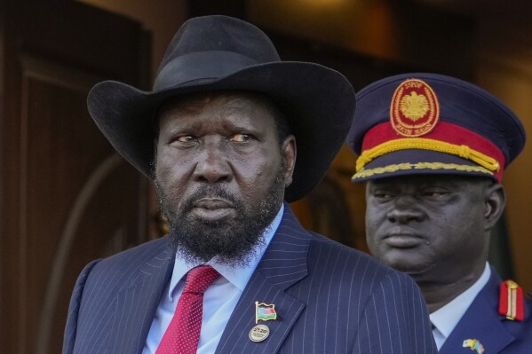 FILE - South Sudan's President Salva Kiir arrives at Juba's Presidential Palace, South Sudan, Friday, Feb. 3, 2023. South Sudan's President Salva Kiir on Wednesday, April 3, 2024 warned leaders “not to cling to power” just weeks after his former rival-turned-deputy proposed a postponement of elections expected to be held in December. (AP Photo/Gregorio Borgia, File)