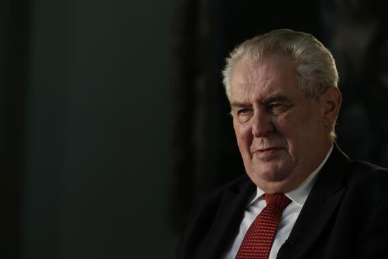 FILE - In this Tuesday, April 21, 2015 file photo, Czech Republic's President Milos Zeman answers questions during an interview with The Associated Press at the Prague Castle in Prague, Czech Republic. Wednesday, March 8, 2023 marks the final day in office of outgoing Czech President Milos Zeman, with his opponents planning to celebrate. Zeman has polarized the Czechs during his two five-year terms in the normally largely ceremonial post with his support for closer ties with China and by being a leading pro-Russian voice in European Union politics. (AP Photo/Petr David Josek/File)