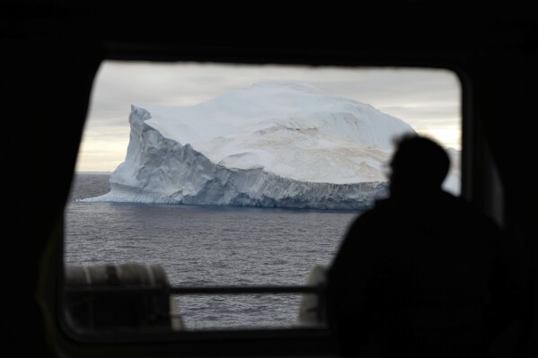 A passenger on the Chilean Navy ship Aquiles looks out at an iceberg in the Bransfield Straits, South Shetlands, Antarctica, Nov. 23, 2023. (AP Photo/Jorge Saenz)