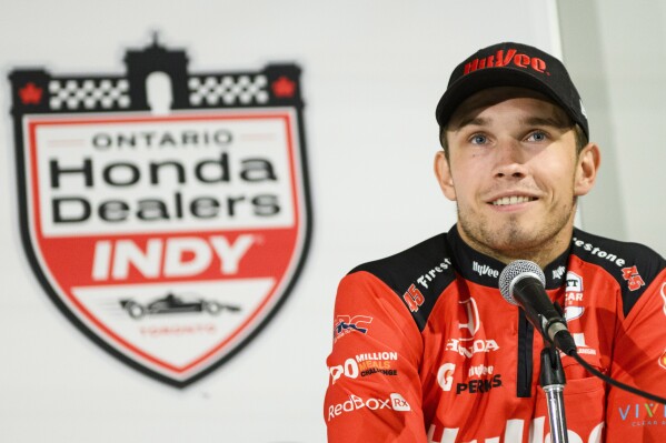 Christian Lundgaard participates in a press conference, Thursday, July 18, 2024, in Toronto,ahead of this weekend's IndyCar auto race. (Christopher Katsarov/The Canadian Press via ĢӰԺ)