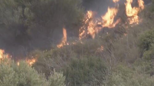 In this image taken from video, a wildfire burns in Zbarbar, Bouira Province, Algeria, Monday, July 24, 2023. Wildfires raging across Algeria have killed multiple people as they burn in scorching temperatures and high winds. (AP Photo)