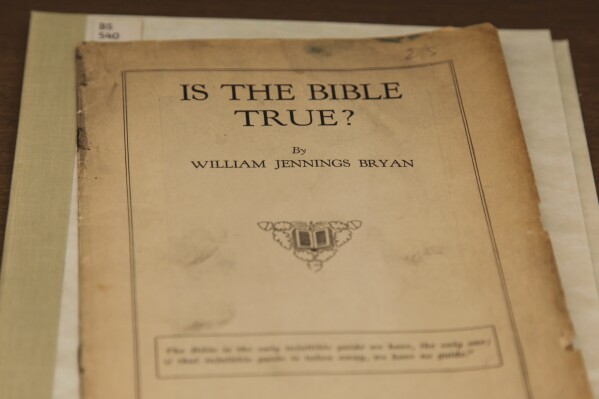 A manuscript titled "Is the Bible True" authored by William Jennings Bryan is seen at the Tennessee State Library and Archives in Nashville, Tenn., on Monday, March 3, 2025. (AP Photo/Kristin M. Hall)