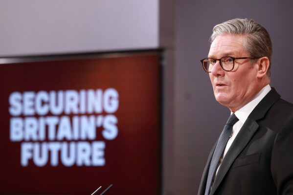 Britain's Prime Minister Keir Starmer speaks during a press conference, ahead of the publication of the government’s Immigration White Paper, in London, Monday, May 12, 2025. (Ian Vogler, Pool Photo via AP)
