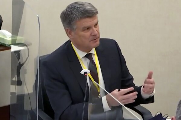 In this image taken from video, Matthew Frank, the assistant Minnesota attorney general speaks to Hennepin County Judge Peter Cahill during pretrial motions, prior to continuing jury selection in the trial of former Minneapolis police officer Derek Chauvin, Thursday, March 11, 2021, at the Hennepin County Courthouse in Minneapolis, Minn. Chauvin is accused in the May 25, 2020, death of George Floyd.  (Court TV/ Pool via AP)