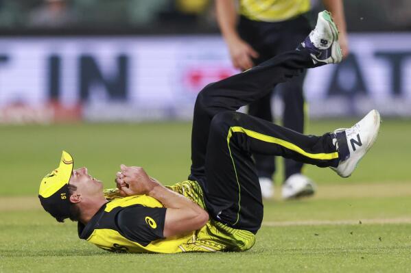 Australia's Pat Cummins takes a catch to dismiss Afghanistan's Usman Ghani during the T20 World Cup cricket match between Australia and Afghanistan in Adelaide, Australia, Friday, Nov. 4, 2022. (AP Photo/James Elsby)