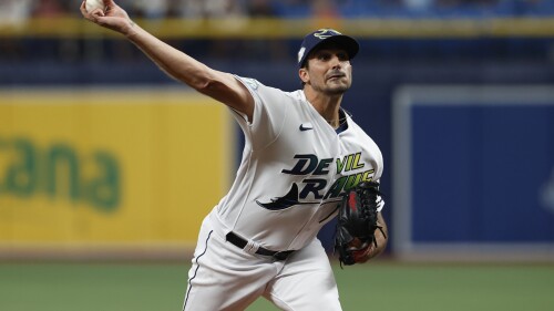 Tampa Bay Rays starting pitcher Zach Eflin throws to a Baltimore Orioles batter during the first inning during a baseball game Friday, July 21, 2023, in St. Petersburg, Fla. (AP Photo/Scott Audette)