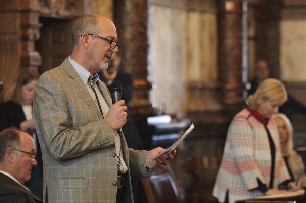 Kansas state Sen. Mark Steffen, R-Hutchinson, explains his yes vote on a bill banning remote ballot drop boxes and requiring the hand counting of all votes in elections, Tuesday, March 5, 2024, at the Statehouse in Topeka, Kan. Republicans are split over the bill and it has failed in the Senate. (AP Photo/John Hanna)