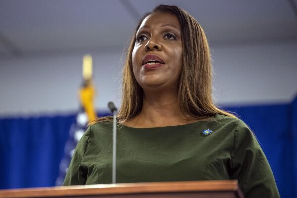 FILE - New York Attorney General Letitia James speaks during a news conference on Sept. 21, 2022, in New York. A woman who accused a former top adviser to James of unwanted kissing filed a lawsuit Tuesday, Dec. 13, alleging the Democrat and her office ignored previous warnings about his behavior. (AP Photo/Brittainy Newman, File)