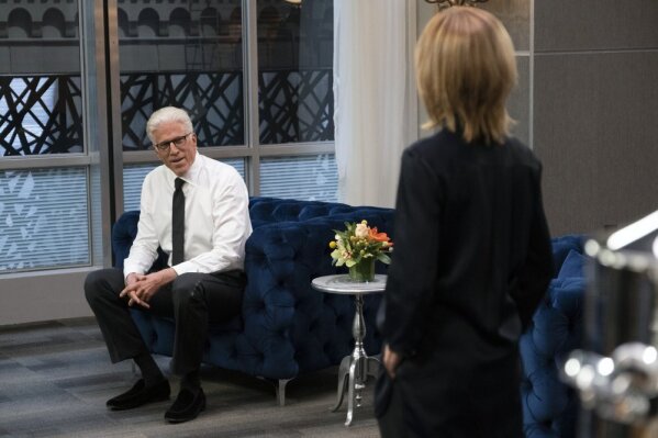 This image released by NBC shows Ted Danson as Mayor Neil Bremer, left, in a scene from the new comedy "Mr. Mayor," premiering on Thursday. (Colleen Hayes/NBC via AP)