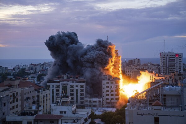 Fire and smoke rise following an Israeli airstrike in Gaza City, Oct. 7, 2023. (AP Photo/Fatima Shbair, File)