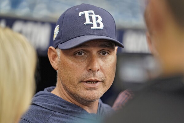 Tampa Bay Rays manager Kevin Cash meets with the media before a baseball game against the Colorado Rockies Tuesday, Aug. 22, 2023, in St. Petersburg, Fla. Major League Baseball announced on Tuesday that Wander Franco, shortstop for the Rays, has been placed on administrative leave "until further notice" as the league continues its investigation into allegations against him. Franco, 22, has been on the restricted list since Aug. 14, when posts on social media about inappropriate relationships with underage people prompted the league to begin an investigation. (AP Photo/Chris O'Meara)