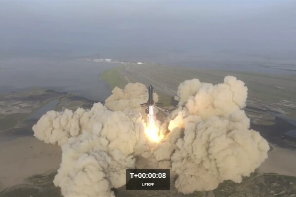 In this image from video provided by SpaceX, the company's Starship launches from Boca Chica, Texas, on April 20, 2023. SpaceX is aiming for another test flight of its mega rocket on Friday, Nov. 17, 2023, now that's it's gotten the final OK from the Federal Aviation Administration. The FAA issued its license Wednesday, Nov. 15, noting that SpaceX has met all safety, environmental and other requirements. (SpaceX via AP)