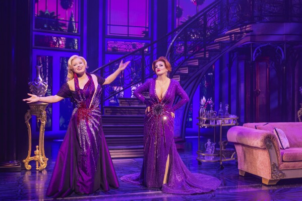 This image released by Polk & Co. shows Megan Hilty, left, and Jennifer Simard during a performance of "Death Becomes Her" in New York. (Matthew Murphy/Polk & Co. via AP)