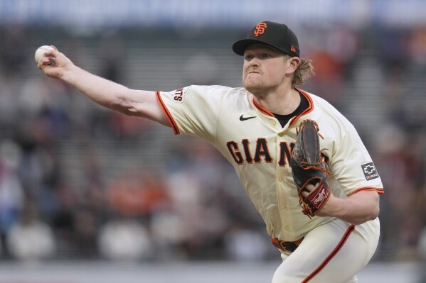 San Francisco Giants pitcher Logan Webb works against the New York Mets during the first inning of a baseball game in San Francisco, Tuesday, April 23, 2024. (AP Photo/Jeff Chiu)