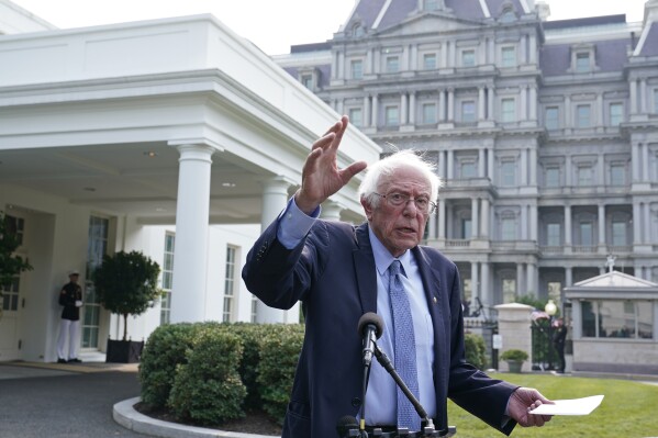 Sen. Bernie Sanders, I-Vt., speaks to reporters following his meeting with President Joe Biden at the White House in Washington, Monday, July 17, 2023. (AP Photo/Susan Walsh)