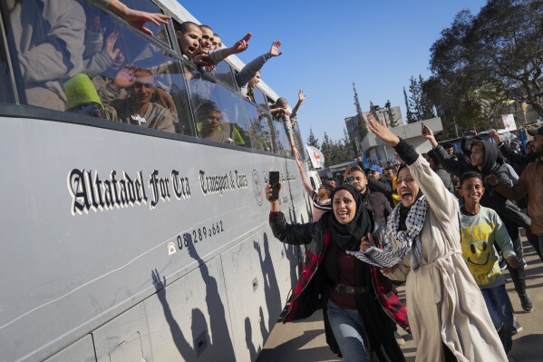 Freed Palestinian detainees are greeted after being released from an Israeli prison following a ceasefire agreement between Hamas and Israel in Khan Younis, Gaza Strip, Thursday, Feb. 27, 2025. (AP Photo/Abdel Kareem Hana)