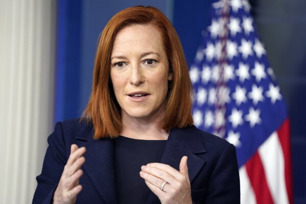 White House press secretary Jen Psaki speaks during a briefing at the White House, Monday, March 29, 2021, in Washington. (AP Photo/Evan Vucci)