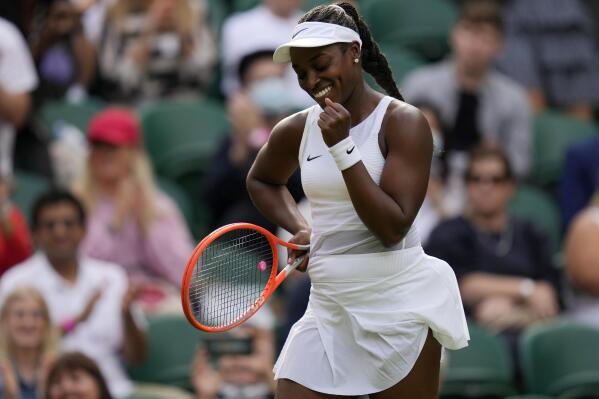 Sloane Stephens of the US celebrates winning the women's singles match against Czech Republic's Petra Kvitova on day one of the Wimbledon Tennis Championships in London, Monday June 28, 2021. (AP Photo/Kirsty Wigglesworth)