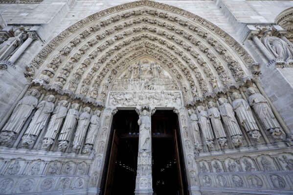 FILE - The main entrance of Notre-Dame de Paris cathedral is pictured on Nov. 29, 2024, in Paris. (Stephane de Sakutin/Pool Photo via AP, File)