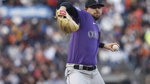 Colorado Rockies Austin Gomber throws to a San Francisco Giants batter during the first inning of a baseball game in San Francisco, Friday, July 7, 2023. (AP Photo/Josie Lepe)
