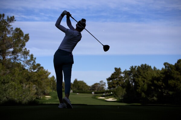 Nelly Korda drives from the 12th tee during the second round of the LPGA T-Mobile Match Play golf tournament Thursday, April 4, 2024, in North Las Vegas, Nev. (AP Photo/John Locher)