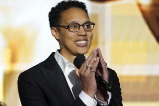 FILE - Brittney Griner appears on stage at the 54th NAACP Image Awards in Pasadena, Calif., on Feb. 25, 2023. Griner is working on a memoir that is scheduled for spring 2024. (AP Photo/Chris Pizzello, File)