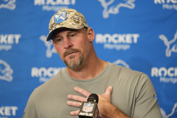 Detroit Lions head coach Dan Campbell answers questions during a press conference after an NFL football game against the Los Angeles Chargers Sunday, Nov. 12, 2023, in Inglewood, Calif. (AP Photo/Ashley Landis)