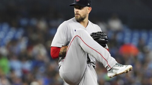 Boston Red Sox starting pitcher James Paxton works against the Toronto Blue Jays during second-inning baseball game action in Toronto, Friday, June 30, 2023. (Chris Young/The Canadian Press via AP)