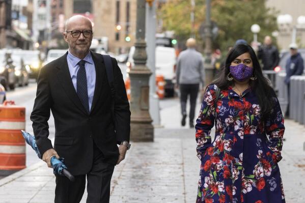 Canadian-born film director Paul Haggis, left, and his defense lawyer, Priya Chaudhry, right, arrive at New York Supreme Court for his sexual assault case, Monday, Oct 17, 2022 in New York. (AP Photo/Yuki Iwamura)