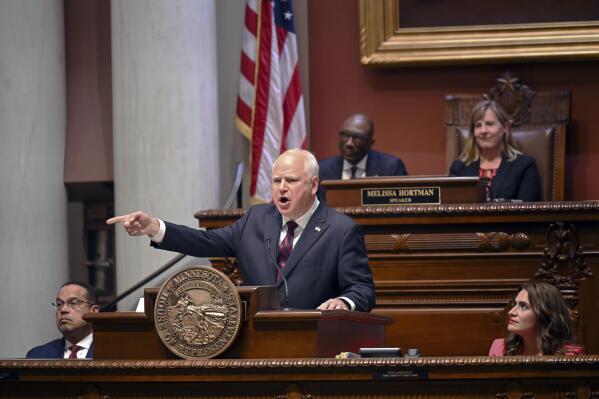 Minnesota Gov. Tim Walz speaks during the State of the State address, Wednesday, April 19, 2023, in the house chambers of the Minnesota State Capitol in St. Paul, Minn.(Aaron Lavinsky/Star Tribune via AP)